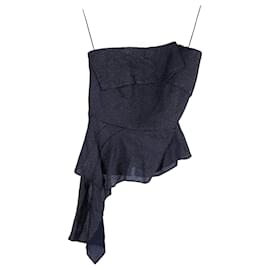 Roland Mouret-Roland Mouret Linet Strapless Draped Metallic Piqué Top in Navy Blue Viscose-Blue,Navy blue