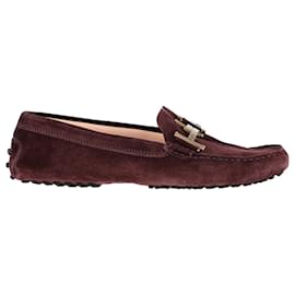 Tod's- Tod's Gommino Double T-Bar Loafers in Burgundy Suede-Red,Dark red