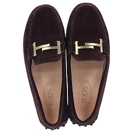 Tod's- Tod's Gommino Double T-Bar Loafers in Burgundy Suede-Red,Dark red
