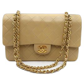 Chanel Timeless Classic Turn Lock Medium Double Flap with 24K GHW Beige