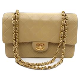 Chanel-Chanel Timeless Classic Turn Lock Medium Double Flap with 24K GHW-Beige