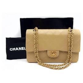 Chanel-Chanel Timeless Classic Turn Lock Medium Double Flap with 24K GHW-Beige
