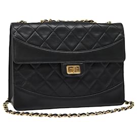 Chanel-CHANEL Matelasse Turn Lock Chain Hand Bag Lamb Skin Black Gold CC Auth yk14333A-Black,Golden