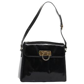 Sac à épaule Gancini Salvatore Ferragamo Émail Noir Or Auth 87741 Noir Doré