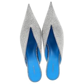 Balenciaga-Balenciaga Knife Pointed Toe Mules in Silver Glitter-Silvery,Metallic