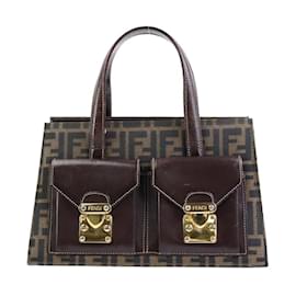 Fendi-Fendi Zucca Canvas Leather Handbag-Brown