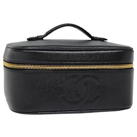 CHANEL COCO Marca Pochette Vanity Pelle Caviar Nera Oro CC Auth bs17155 Nero D'oro