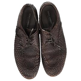 Dolce & Gabbana-Dolce & Gabbana Lace-up Woven Derby Shoes in Brown Calfskin Leather-Brown