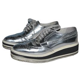 Prada Silver Leather Lace Ups 38 IT Silvery