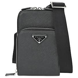 Prada-Prada Re-Nylon Saffiano Leather Smartphone Case Shoulder Pouch-Black
