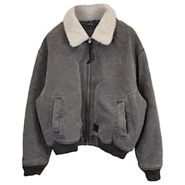 Acne- Acne Studios Acid-Washed Fleece-Lined Zipped Bomber Jacket in Grey Cotton Denim-Grey
