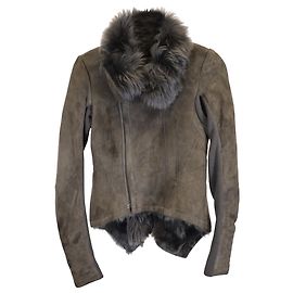 Rick Owens Shearling Biker Jacket in Grey Suede Black