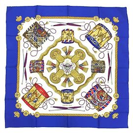 Hermès Carré 90 LES TAMBOURS Bufanda de Seda Blanco Azul