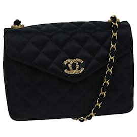 Chanel-CHANEL Matelasse Stone Chain Shoulder Bag Satin Black CC Auth kk285A-Black