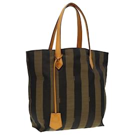 Fendi-FENDI Pecan Canvas Tote Bag Brown Black gold Auth 89144-Brown,Black,Golden