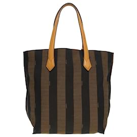 Fendi-FENDI Pecan Canvas Tote Bag Brown Black gold Auth 89144-Brown,Black,Golden
