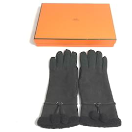 Hermès-Hermes Black Leather Warm Gloves-Black