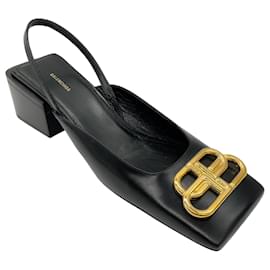 Balenciaga-Balenciaga Black / Gold 50 Double BB Slingback Pumps-Black