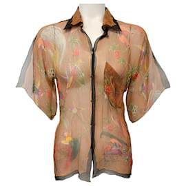Hermès-Hermes Sheer Silk Bird Print Blouse-Brown