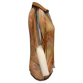 Hermès-Hermes Sheer Silk Bird Print Blouse-Brown