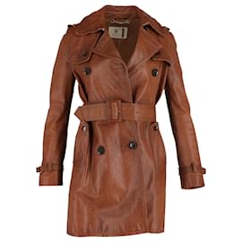 Gucci-Gucci Vintage Double-Breasted Mini Trench Coat in Tan Leather-Brown,Red