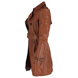 Gucci-Gucci Vintage Double-Breasted Mini Trench Coat in Tan Leather-Brown,Red