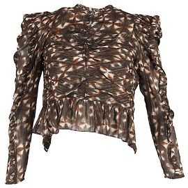 Ulla Johnson Printed Ruffle Detail Long Sleeve Blouse in Brown Silk Other