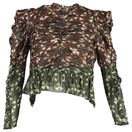Ulla Johnson-Ulla Johnson Printed Ruffle Detail Long Sleeve Blouse in Brown Silk-Other
