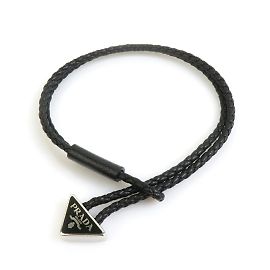 Pulseira de couro preto e metal com charme Prada Preto