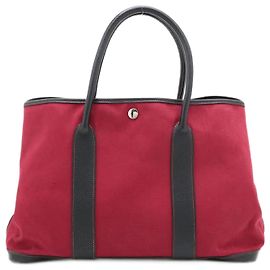 Hermès J gravierte Garten PM Leder-Canvas Schultertasche Schwarz Rot