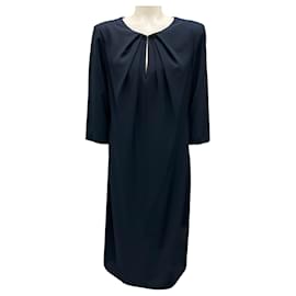 Autre Marque-Armani Collezioni Navy Blue 2015 Three-Quarter Sleeved Keyhole Crepe Dress-Navy blue