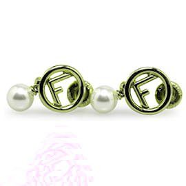Fendi-Fendi Gold Gold Plated Faux Pearl Logo Push Back Earrings-Golden