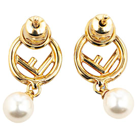 Fendi-Fendi Gold Gold Plated Faux Pearl Logo Push Back Earrings-Golden