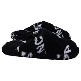 Balenciaga-Balenciaga Furry All Over Print Close Slippers in Black Faux Fur-Black