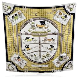 Hermès-Hermes Vintage Silk Scarf Les Voitures Nouvelles by Jacques Eudel 1961-Yellow