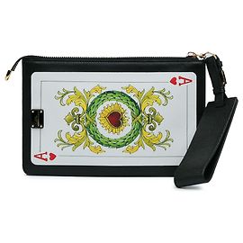 Clutch de muñeca de piel de ternera negra impresa de Dolce & Gabbana con estampado de cartas de juego Negro