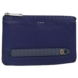 FENDI Clutch Bag Leather Blue Silver Auth bs17465 Silvery Blue