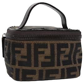 Fendi-FENDI Zucca Canvas Vanity Hand Bag Brown Black Silver Auth 88313-Brown,Black,Silvery