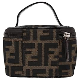 Fendi-FENDI Zucca Canvas Vanity Hand Bag Brown Black Silver Auth 88313-Brown,Black,Silvery