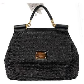 Dolce & Gabbana Sicily Extra large Raffia Top-handle Handbag Black Black