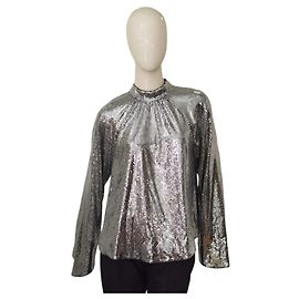 Autre Marque Blouse R+A Argentée à Paillettes Col Montant et Manches Larges Argenté