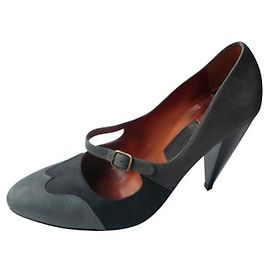 LANVIN Escarpins veau velours anthracite et bleu style derbies T37,5 IT Gris