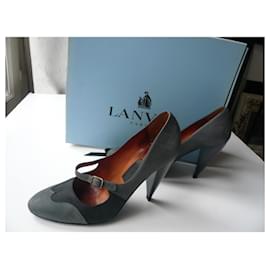 Lanvin-LANVIN Suede calfskin pumps in anthracite and blue derby style T37.5 IT-Grey