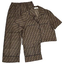 Fendi Brown Zucca FF Print Short Sleev Crop Top & Pants Set Brown