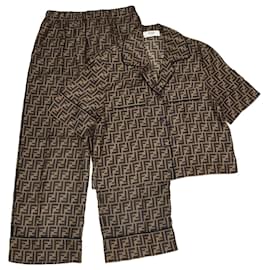 Fendi-Fendi Brown Zucca FF Print Short Sleev Crop Top & Pants Set-Brown