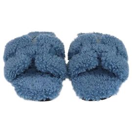 Hermès Hermes Blue Shearling Oran Flat Slides Blue