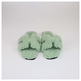 Hermès Hermes Green Shearling Oran Flat Slides Green