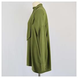 Hermès-Hermes Olive Green Longsleeve Close Neck Blouse-Green