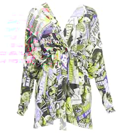 Balenciaga-Balenciaga Cover Girl Magazine Tabloid print V neck gathered mini dress -Multiple colors