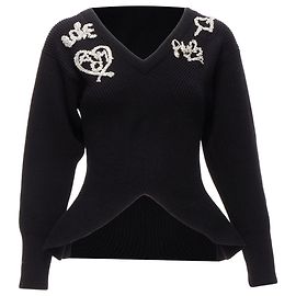 Rippstrick-Pullover mit Peplum und schwarzen Logo-Perlen von Alexander McQueen Schwarz